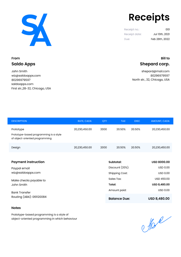 Google Docs Receipt Templates Edit and Download with Saldoinvoice