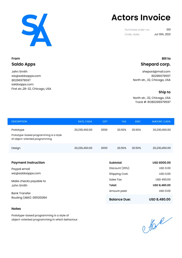 Acting Invoice Template (Actress / Actor Invoice) - Saldoinvoice