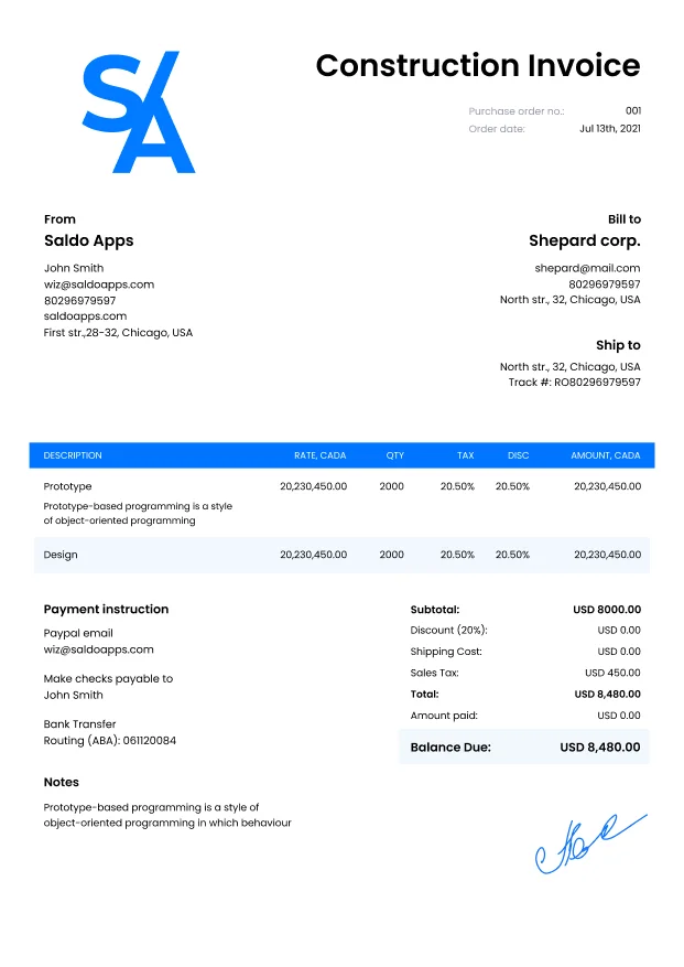 Construction Invoice Template: Samples of Invoices for Construction