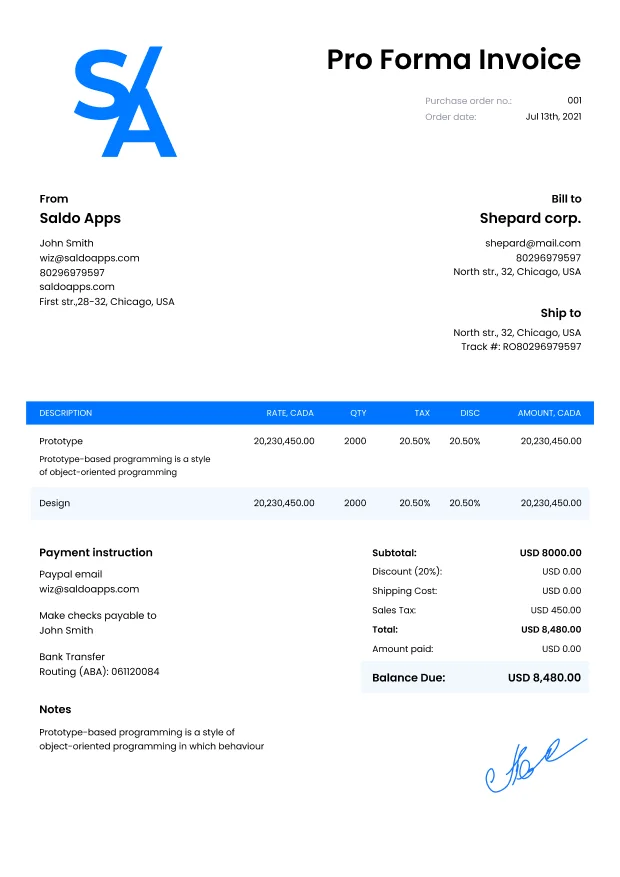 Sample of a Pro Forma Invoice: Free Proforma Template