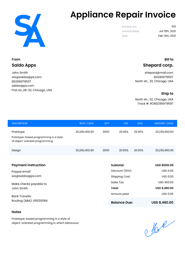 Free Appliance Repair Invoice Template - Edit I Download - Saldoinvoice