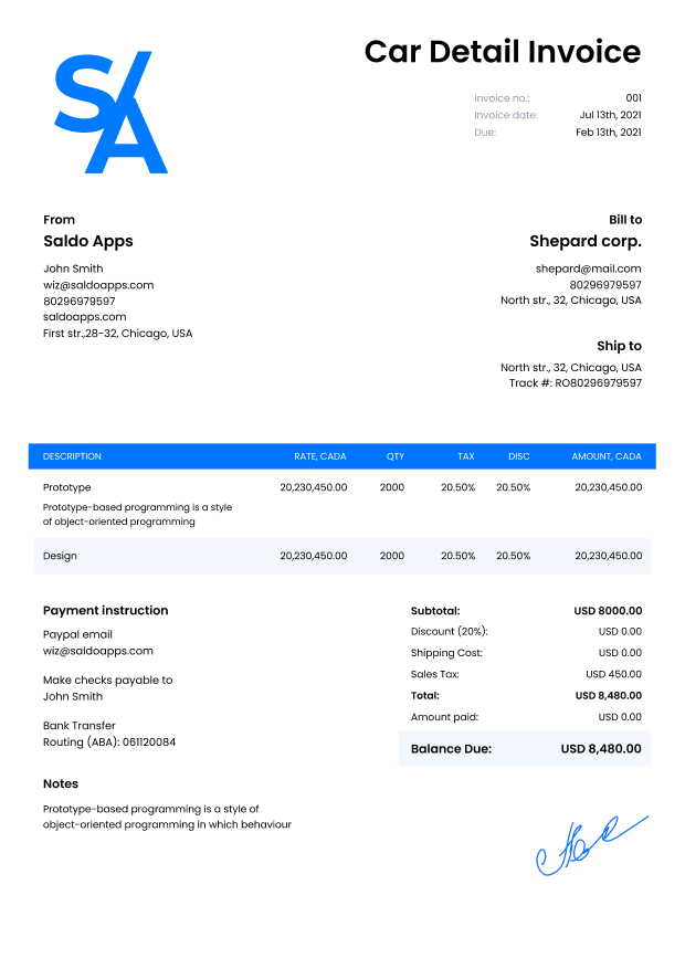 Car Detail Invoice Template