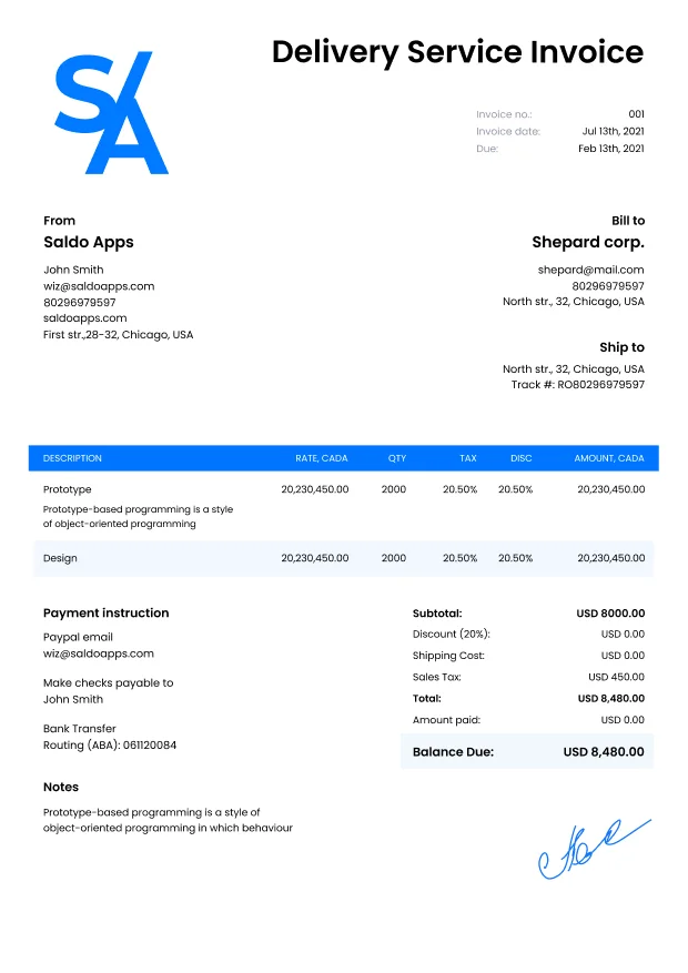 Delivery Service Invoice Template