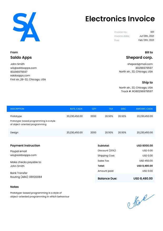 Electronics Invoice Template: Free Invoice Template for Electrical Work | Saldoinvoice
