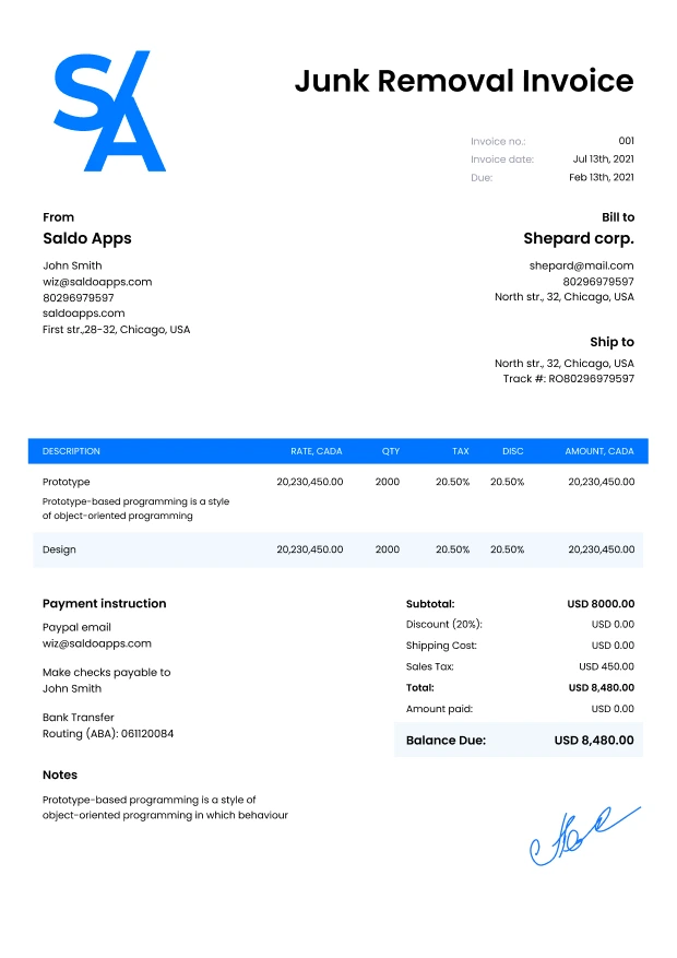 Junk Removal Invoice Template Free