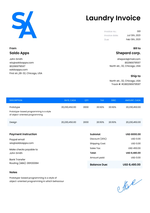 Dry Cleaning Invoice Template - Edit I Download - Saldoinvoice