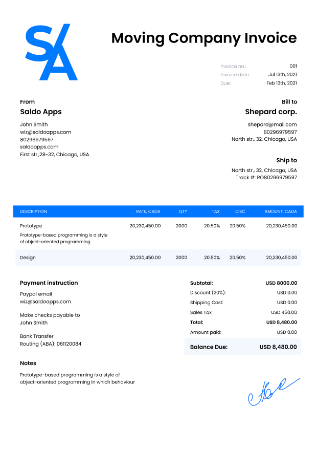 Sample Moving Company Invoice: Invoice for Moving Company Free - Saldoinvoice