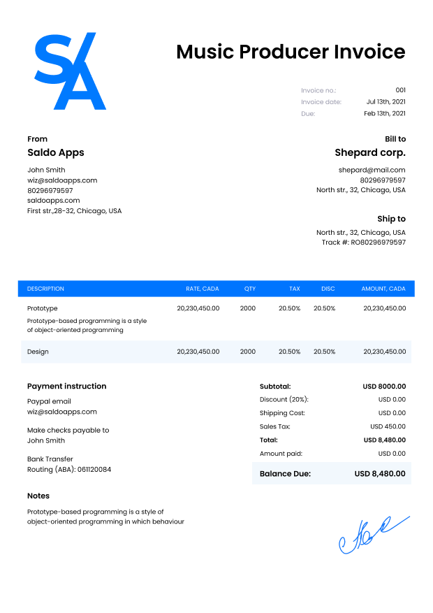 Music Producer Invoice Template Free - Invoice for Producer of Music I Saldoinvoice