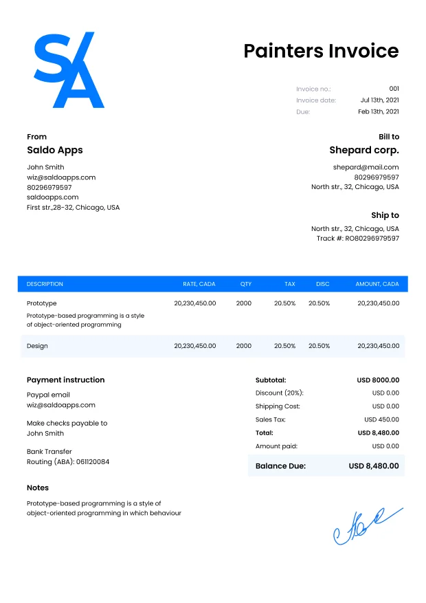 Invoice Templates For Painters Painters Invoices Sample With Saldoinvoice