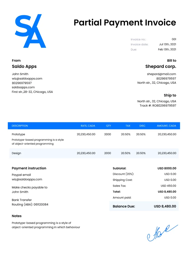 Free Partial Payment Invoice Template - Edit I Download - Saldoinvoice