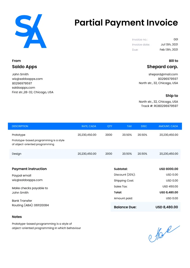 Free Partial Payment Invoice Templates Edit and Download with Saldoinvoice