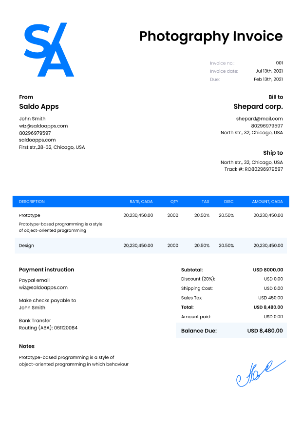 Photography Invoice Template: Download Invoice For Photography I Saldoinvoice