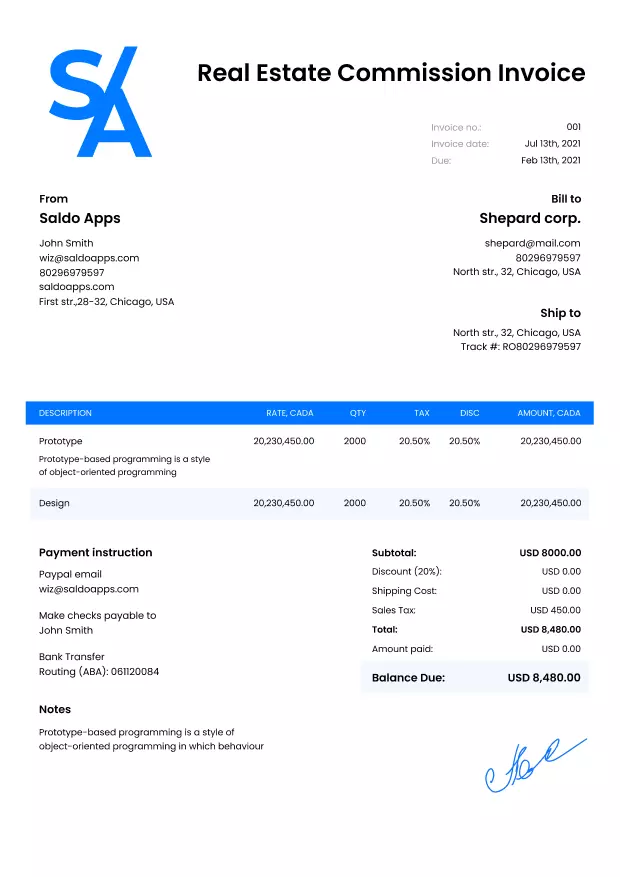 Real Estate Commission Invoice Template - Edit I Download - Saldoinvoice