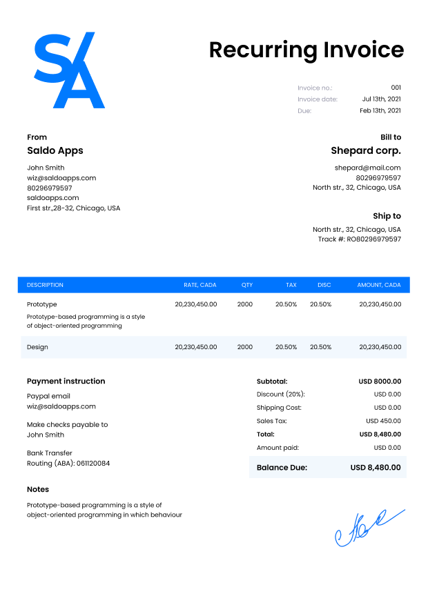 Recurring Invoice Template: Invoice Recurring Payments Free I Saldoinvoice