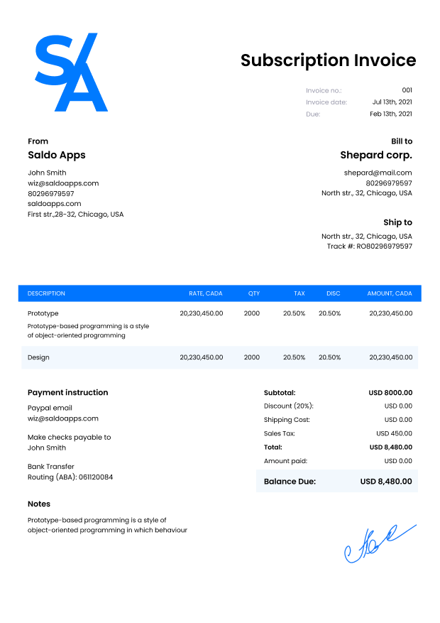 Subscription Invoice Template