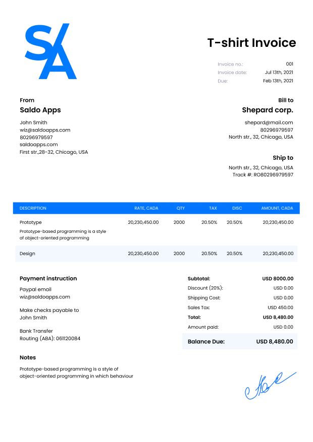 T-shirt Invoice Template