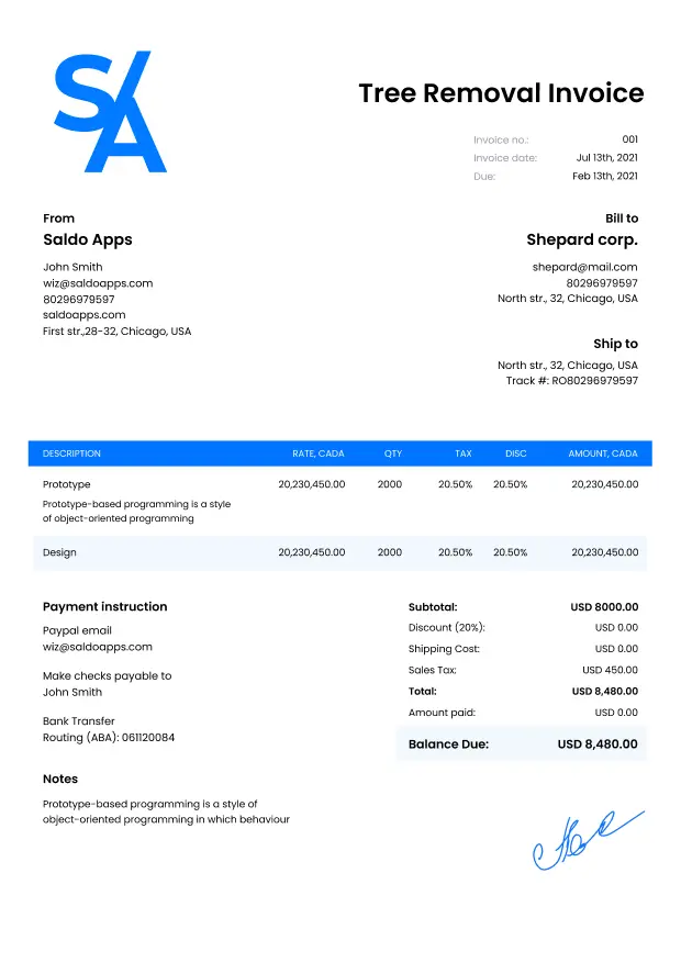 Tree Removal Tree Service Invoice Template