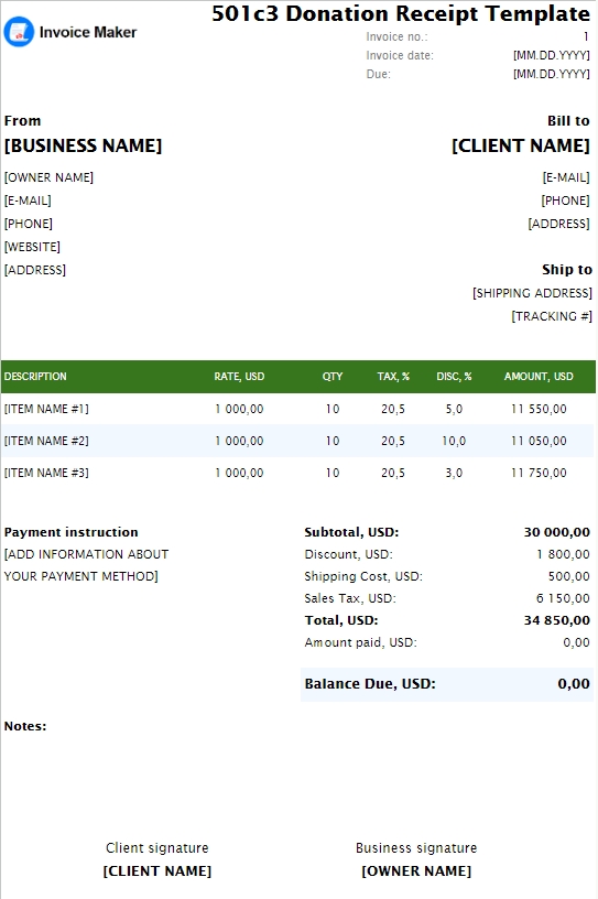 501c3 Donation Receipt Template Excel