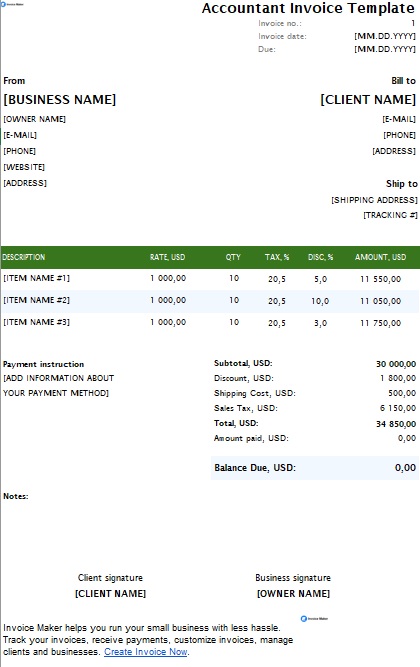 Accountant Invoice Template Excel