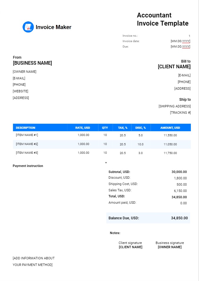 Accountant Invoice Template Google Docs