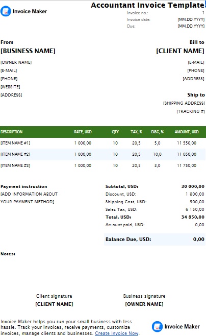 Accountant Invoice Template Google Sheets